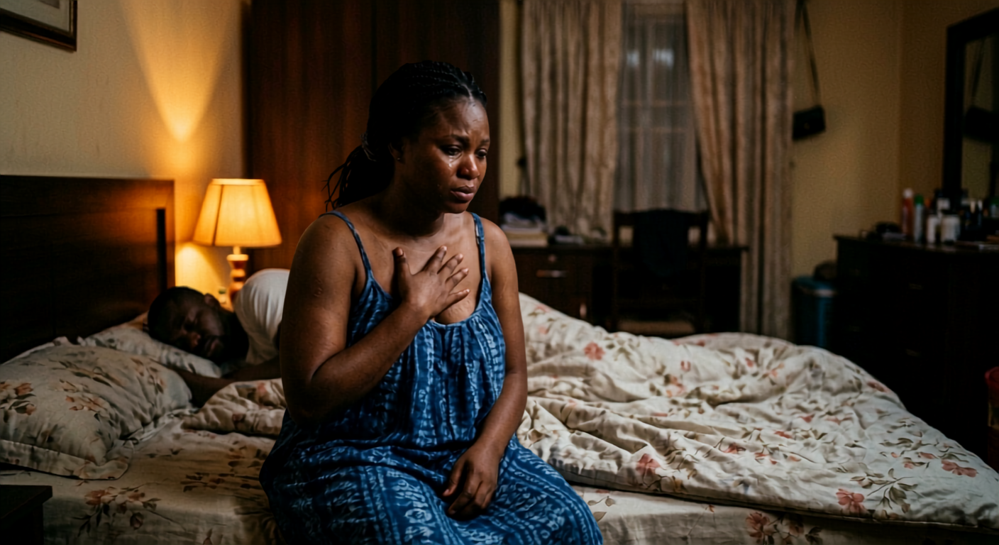 Woman sitting on bed at night, hand on chest